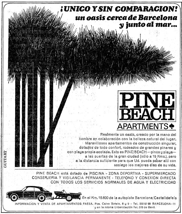Anunci de Pine Beach de Gav Mar publicat al diari La Vanguardia el 8 d'Octubre de 1966 semblant al publicat l'anterior mes de juny